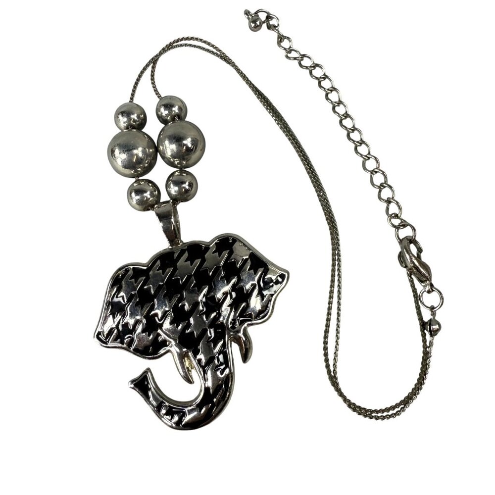 Silver-Tone Elephant Pendant Necklace Houndstooth Pattern Adjustable Chain